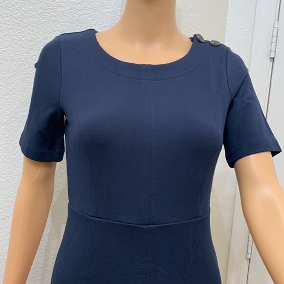 Banana Republic Scoop Neck Navy Blue Flare Bottom Zipper Back Short Sleeve Dress - Picture 3 of 5
